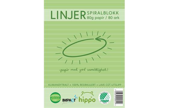 9051 Hippo  Spiralblokk, A4, Natur, Linjer 80ark 80g Milj&#248;merket, Hippo, Resirkulert papir